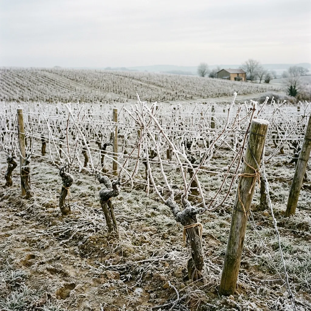 Frost covered grapevines in winter