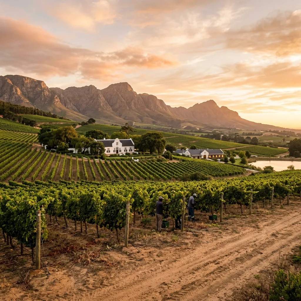 Peaceful wide shot of a Stellenbosch wine estate